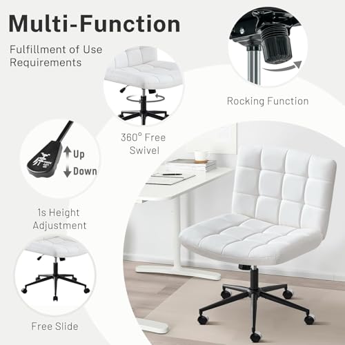 Image of Nutech Decor Armless Office Desk Chair - Linen Fabric Padded Swivel Adjustable Home Office Chair with 360 Wheels, Wide Criss Cross for Desk, Living Room (ND-Pu-ivorywhite-Wheel)