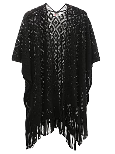 Damen Poncho Gestrickt Schal und Wraps mit Fransen Stola Festlich Strick Cape Cardigans Leicht(Einheitsgröße,Schwarz) Damen Poncho Gestrickt Schal und Wraps mit Fransen Stola Festlich Strick Cape Cardigans Leicht(Einheitsgröße,Schwarz)