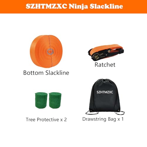 SZHTMZXC 65ft Zipline Slackline Kit with Ratchet System and Tree Protectors, 500lbs Backyard Set for Kids and Adults, Beginner Balance Training Equipment with Carry Bag for Backyard, Park, Gym