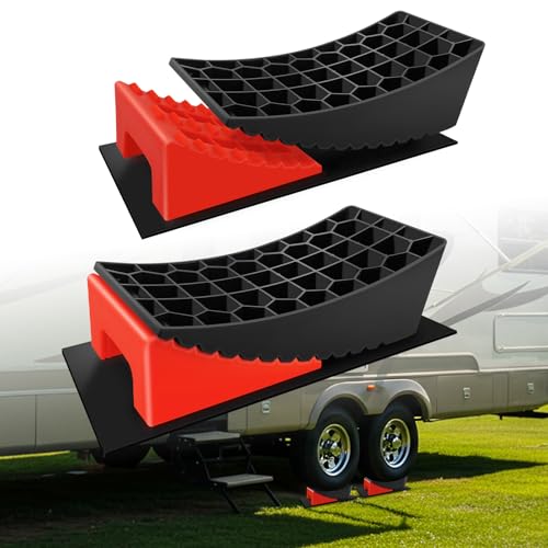 Image of ROBLOCK RV Leveling Blocks Up to G.V.W 35000 LBS, Camper Leveling Blocks with Chocks, Anti-Slip Mats, Carry Bag, RV Leveling System for Travel Trailers, 4 inch Max Leveling Height, 2 Packs, Red