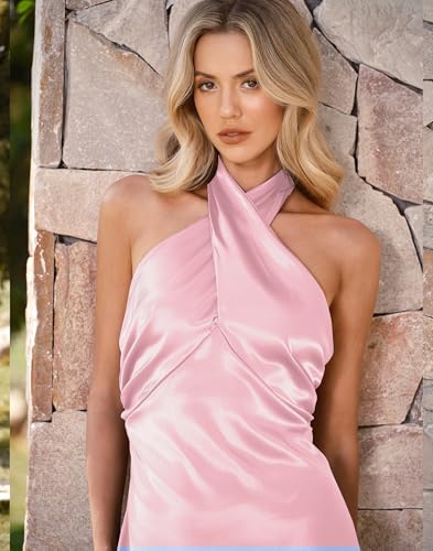Image of HYPERFIRE Women's Elegant Satin Mini Dress Criss Cross Halter Wedding Guest Dresses Short Formal Dress