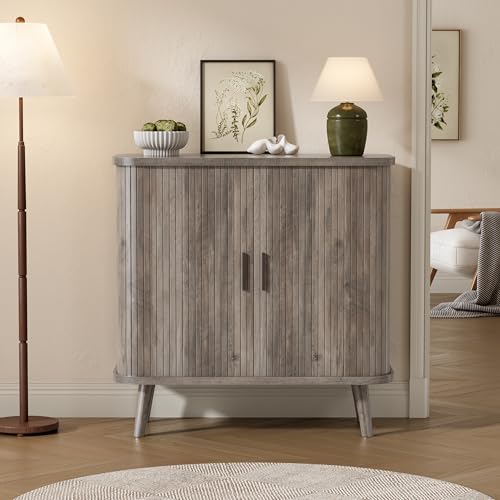 Image of BORNOON Buffet Cabinet with Storage, Curved-Edge Fluted Storage Cabinet Sideboard, Modern Black Sideboard Buffet with Adjustable Shelves & Sliding Door for Dining Room, Kitchen, Entryway (Wood)