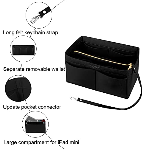 Felt Handbag Organizer, Women Purse Insert Organizer with Detachable Zipper Bag and Key Chains, Black/M