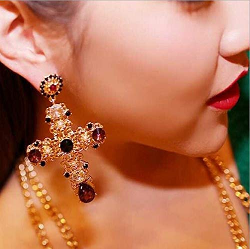 Rhinestone Large Cross Earrings,Red Crystal Big Cross Dangle Drop Earrings Bohemia Baroque Earrings,Hollow Pattern Retro Palace Cross Earrings #TOP5