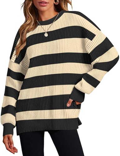 Image of Zeagoo Women 2026 Fall Lightweight Oversized Sweater Crew Neck Long Sleeve Color Block Pullover Rib Knit Blouse Tops XS-2XL