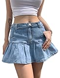 Tanming Women's Pleated Jean Skirt Casual A-Line Ruffle Y2K Mini Denim Skirt (LightBlue-M)