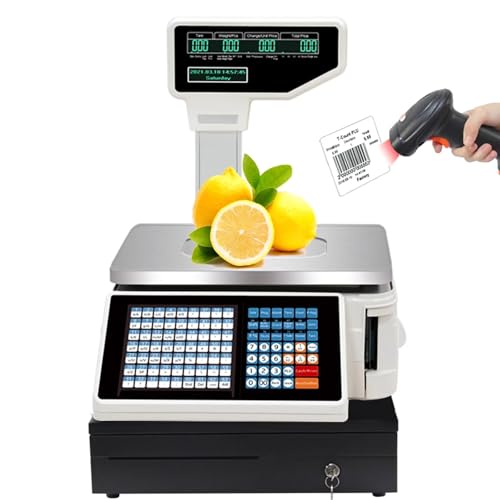 Supermarket Weighing and Cashier All-in-One Machine,Electronics Barcode Scale Cash Register,Commercial Cash Register Scale,Double Sided Screen,Including Scanner and Cash Box,for Snack Shops,Deli Shops