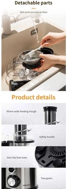 Detailed view of Sokany SK-190 juicer parts including feeding trough, safety handle, anti-slip feet, and two-speed control