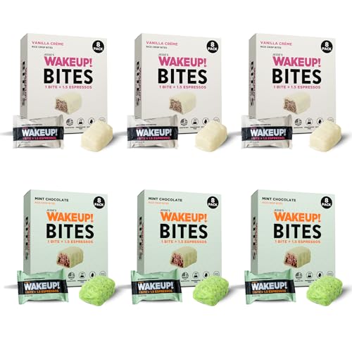 Image of WAKE UP! Caffeinated Protein Bites - VALUE PACK - 6 Cartons (48 Bites) 3 Vanilla Creme & 3 Mint Chocolate Proprietary Blend with 175mg Caffeine (1 Bite = 1.5 Espressos) Boosts Focus & Clarity - Gluten-Free, Vegetarian, Kosher