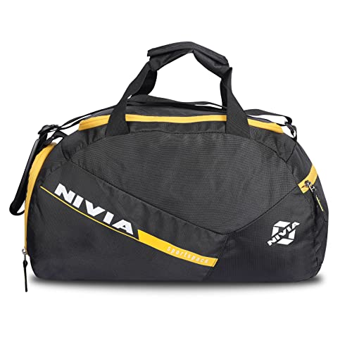 Image of Nivia Sports Space Polyester Gym Bag with Shoes Compartment,Adjustable Shoulder Bag for Men, Duffle Gym Bags for Men,Duffle Bags Travel (Black, Yellow),Capacity-18 litres