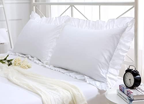 Precious Star Linen White Edge Ruffle Full/Queen Size Pillow Shams Long-Staple Egyptian Cotton Hotel Class Bedding Set of 2 Decorative Pillow Cover 20x30 Inch, Envelope Closure Soft & Cozy