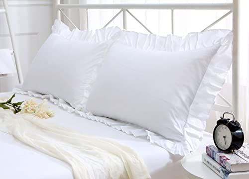 Precious Star Linen White Edge Ruffle Full/Queen Size Pillow Shams Long-Staple Egyptian Cotton Hotel Class Bedding Set Of 2 Decorative Pillow Cover 20X30 Inch, Envelope Closure Soft & Cozy #TOP2