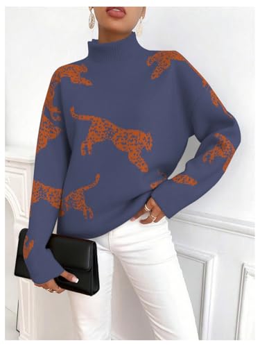 Image of WDIRARA Women's Leopard Tiger Print Sweater High Neck Long Sleeve Fuzzy Knitted Pullover Top