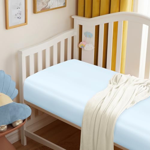 Image of Entisn 28x52 Satin Fitted Crib Sheet 2 Pack, Mint Green and Baby Blue | 8-Inch Deep Pocket Snug Fit, Silky Satin Protects Hair And Skin, No-Slip Reinforced Edges, Machine Washable Fade-Resistant