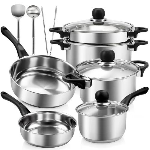Topfset 12-teilig, Topf und Pfannenset Induktion aus Edelstahl mit Deckel Kochtopf Set Induktion Töpfe Set für alle Herdarten geeignet spülmaschinenfest unbeschichtet Kochtopfset für gesundes Kochen