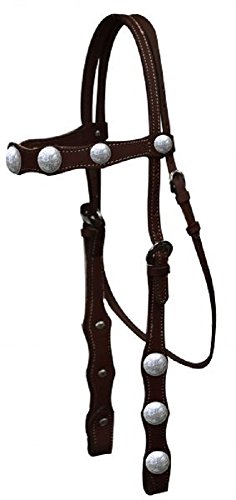 Showman Horse Leather Browband Headstall with Engraved Silver Conchos and 5' Long Leather Split Reins (Dark Oil)