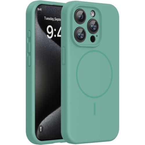 Image of miracase Magnetic for iPhone 15 Pro Case, [Soft Anti-Scratch Microfiber Lining], Compatible with MagSafe, Liquid Silicone Shockproof Drop Protection Phone Case for 15 Pro, Midnight Green