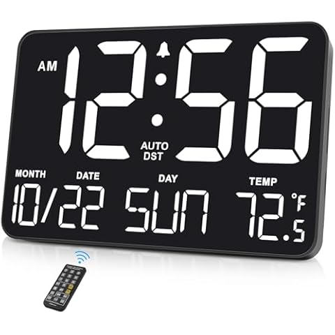 Soobest Large Display Digital Wall Calendar Clock with Date Day of Week, Alarm Clock for Bedroom Desk, Timer for Home Gym Workout 6 Dimmer Auto DST 12/24hr with Remote and Temperature(White) Cover