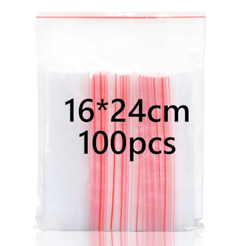 Sacchetti di plastica trasparenti richiudibili, 16 x 24 cm, 100 sacchetti con chiusura ermetica, spessi e durevoli, sigillabili per cucina, forniture per ufficio, articoli di cancelleria, ecc