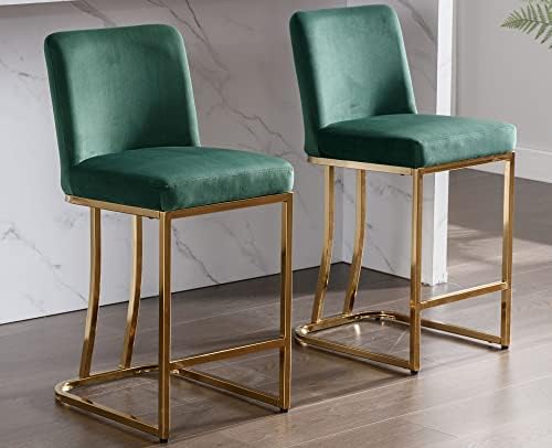VESCASA 24" H Counter Height Barstools with Back, Mid Century Modern Velvet Upholstered Counter Stool Chairs with Gold Metal Frame for Kitchen Island, Bar, Pub, Set of 2, Green
