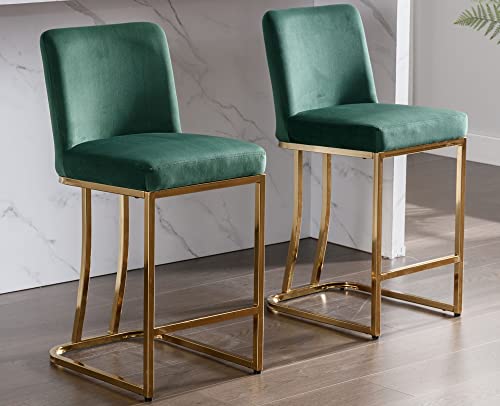 Vescasa 24" H Counter Height Barstools With Back, Mid Century Modern Velvet Upholstered Counter Stool Chairs With Gold Metal Frame For Kitchen Island, Bar, Pub, Set Of 2, Green #TOP3