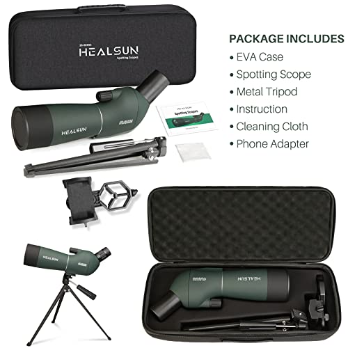 HEALSUN 20-60x60 Spotting Scope with Carrying Case, Tripod and Smartphone Adapter - FMC Lens and BAK4 45 Degree Angled Eyepiece for Target Shooting, Hunting, Birding