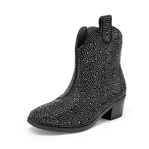 DREAM PAIRS Girls Cowgirl Cowboy Rhinestone Boots Ankle Low Heel Dress Booties 11 Little Kid Black