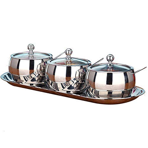 Gewürzglas-Set aus Edelstahl mit Tablett, 3 sichtbare Streuer + 1 Organizer-Gestell für Küchentheke, luftdichter Deckel, Shaker-Flasche für Salz, Gewürze, Pfeffer