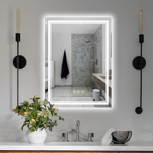 Image of Ratsamee 24x16 Inch Led Mirror for Bathroom with Front Light and Backlit, Bathroom Mirror with Led Lights, Vanity Mirror with Lights for Wall, Anti-Fog, Dimmable, Memory Function, Tempered Glass