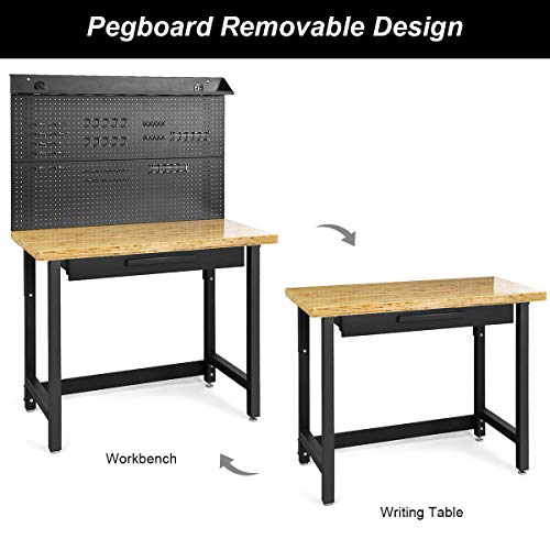 Goplus Work Bench With Removable Pegboard, 48” Bamboo Workbench For Garage W/Drawers, Adjustable Anti-Slip Pad, Hanging Hooks, Heavy-Duty Work Table Tool Storage Bench For Warehouse Home Workshop #TOP1