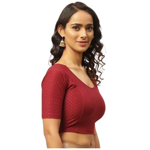 Image of Fressia Fabrics Pure Cotton 4-Way Stretch Readymade Blouse for Women | Free Size to 4XL Stretchable Round Neck Dobby Cotton Half Sleeve Readymade Saree Blouse for Women Stylish