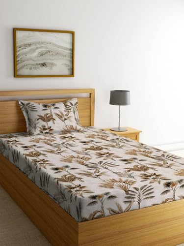 Image of NHD HOME Premium Glace Cotton 180 TC Flat Single Bedsheets for Summer Breathable | Wrinklefree (Size-60 X 90 Inch) with 1 Pillow Covers (Size-17 X 27 Inches, White & Teal Leaf Printed