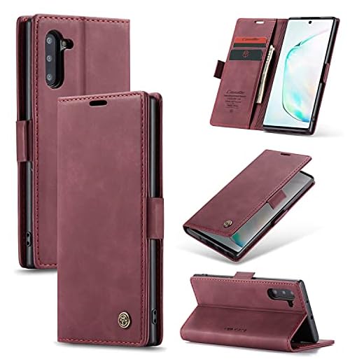 Capa Carteira COPAAD para Samsung Galaxy Note 10, Capa Protetora Flip Magnético de Couro PU Macio Fosco Estilo Retro - Vermelho