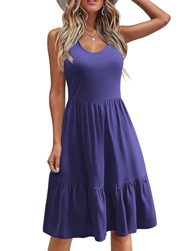 Zeagoo Sommerkleider Damen Freizeit Kleider Sommer Midi Strandkleid Luftig Einfarbig Tunika Kleid mit Taschen Blau S