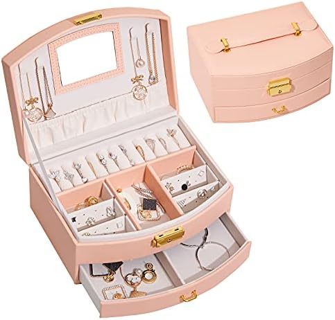 U-D Jewelry Organizer Boxes for Women 2 Layers Flocking Display Storage Case with Detachable Tray and Drawer (Pink)