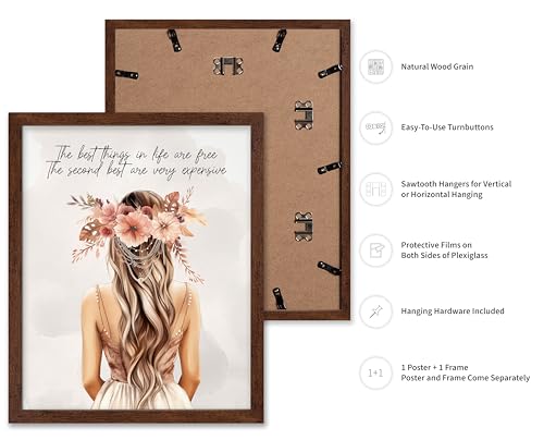 Image of Poster Master The Best Thing In Life Are Free Poster - Fashion Print - Trendy Art - Flower Art - Gift for Women & Fashionista - Funny Glamour Decor for Bedroom or Girl's Room, 16x20 Brown Framed