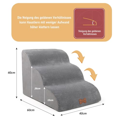 CALIYO Hundetreppe 3 Stufen，Hundetreppe für Kleine Hunde,Treppe für Hunde aus Hochdichtem Schwamm,Haustiertreppe Mit waschbarem Bezug und rutschfestem Boden(60 * 40 * 40CM,Grau)