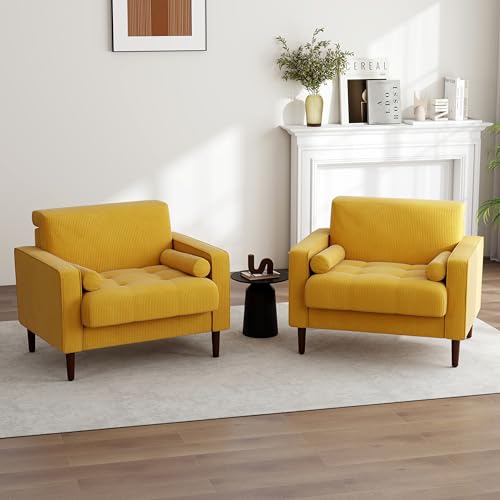 Image of Accent Chairs Set of 2, Corduroy Upholstered Armchair Modern Arm Chair for Living Room, Comfy Single Sofa Bedroom Side Reading Seat - Yellow