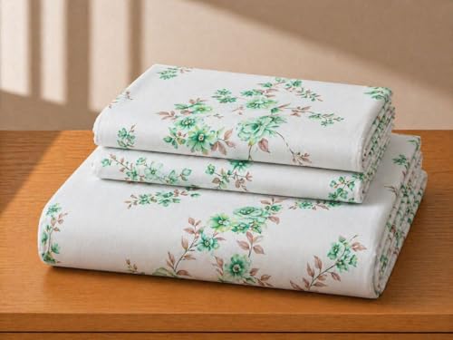 Image of Castiqa Elastic Fitted Supersoft Premium Polycotton 200Tc Queen Size Bedsheets With 2 Pillow Covers (Fits Upto Mattress Of 10 Inches) (Queen (60X78), Onion Floral,White Green)