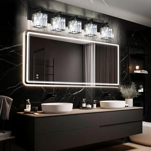 Image of Black Crystal Bathroom Vanity Light, 5-Light Modern Bathroom Lighting Fixtures Over Mirror, Matte Black Wall Sconce Light Fixtures with Square Shade