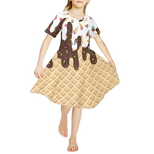 Renewold Vestido de niña para niños, adolescentes, casual, manga corta, talla 3-14 años, Estampado de helado, 13-14 Años