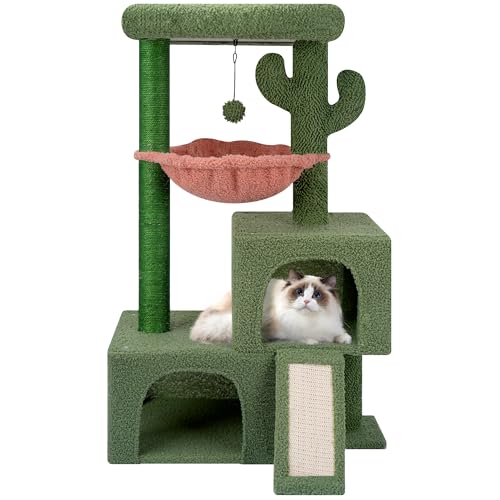 TWDEPART Kaktus Katzenbaum Turm für Indoor-Katzen, Aktivitätszentrum Katzenturm mit zwei Katzenhütten Hängematte und Kratzbäumen, Grün
