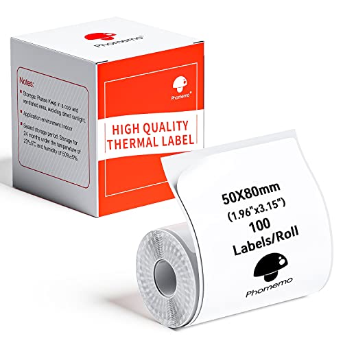 Phomemo Thermal Labels- Address Labels Sticker for M120/M220/M110/M221/M150/M250 Label Printer Machine, 1.97"x3.15"(50x80mm),100 Labels/Roll, for Barcode/Cloth/Name/Bussiness Tag,Black on White