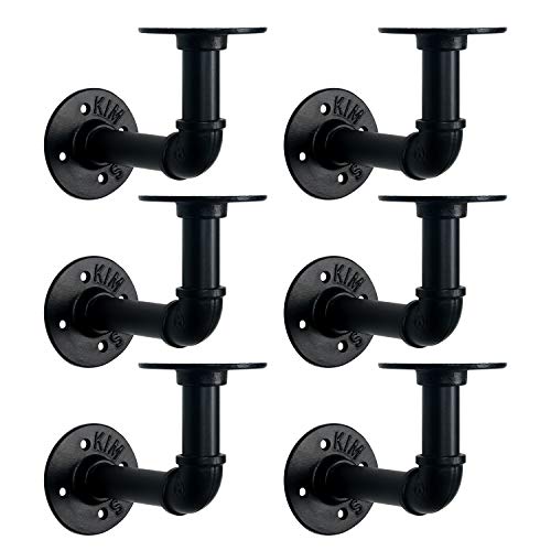 HouseAid Steel Pipe Shelf Bracket (6 Pack), Industrial Pipe Bracket for Wood Floating Shelf, Heavy Duty Iron Rustic Pipe Decor, Vintage Style, Matte Black (Shelf Not Included)