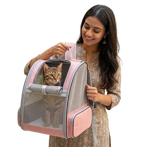 Image of MAK7 Cat Bag Carrier Backpack for Dogs& Kittens | Breathable Mesh Design, Lightweight Travel Bag for Small Pets | Wide Strap, Foldable | Cat Carrier, Dog | Heavybase Pad| Summer Pink