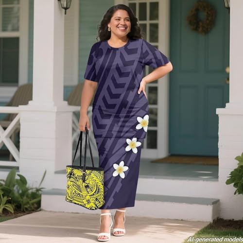 Image of Polynesian Dress for Women Short Sleeve High Waist Maxi Skirt | Puletasi dress, t-shirt and skirt two-piece, elastic material, lightweight, soft, plus size, luau party, wedding, clubwear