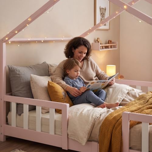 Miniatura 8 de En.Casa Cama Para Niños Casita Treviolo Hasta 120 Kg Cama Infantil Con Reja Protectora Forma De Casa De Madera Pino 120 X 200 Cm - Rosa Blanco