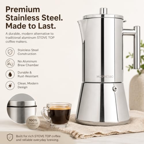 Image of Mixpresso 9 Cup Stainless Steel Moka Pot Stovetop Espresso Coffee Maker | Premium 304 stainless steel with induction-ready base, heat-resistant handle, safety valve and dishwasher-safe design