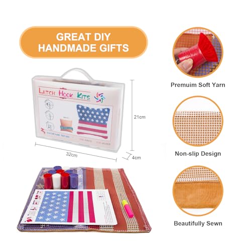 Image of QIONG MENG Latch Hook Kits for Adults, DIY Stars and Stripes American Flag Decor Pattern Pillow Cover Kit Needlework Cushion Cover Hand Craft Crochet for Home Sofa Decorations 17 x 17 Inch