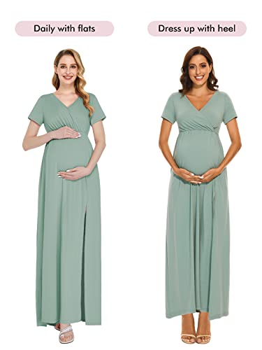Liu & Qu Maternity Dress Short Sleeve Ruched Waist Casual Wrap Maxi Split Pregnancy Dress For Photoshoot Baby Shower Sage Green #TOP3